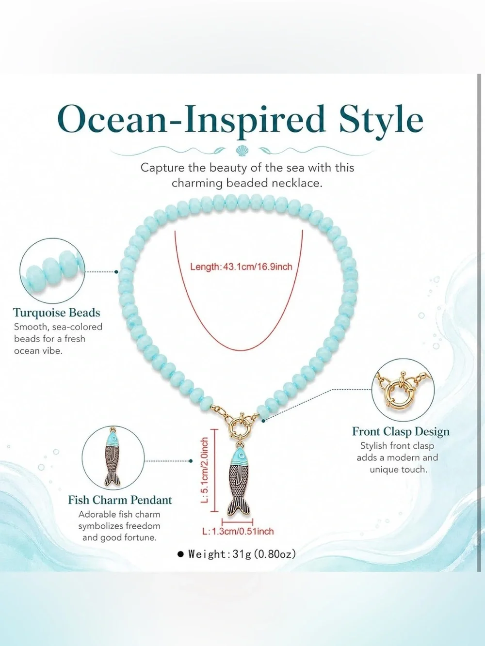 New! Blue Beaded Aqua Fish Pendant Necklace